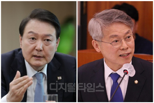 윤석열 대통령(왼쪽)과 민형배 더불어민주당 의원. <디지털타임스 DB, 대통령실 제공>